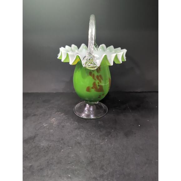 Bohemian Art Glass Footed Green Basket, Ruffled Edge, Hand Blown, Twisted Handle - Picture 2 of 10